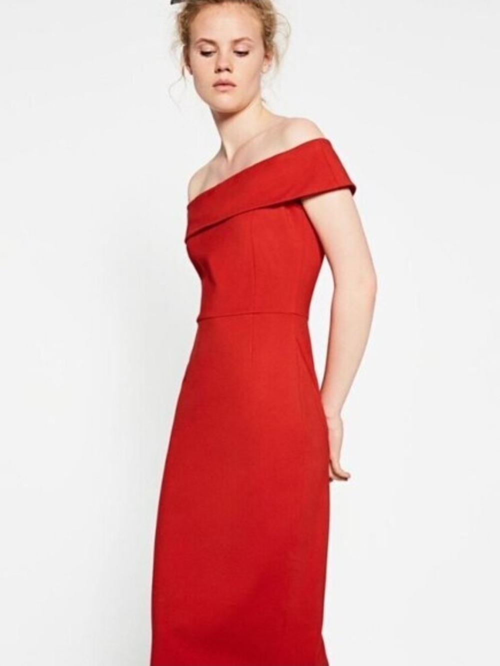 Zara Off-Shoulder Red Sheath Dress